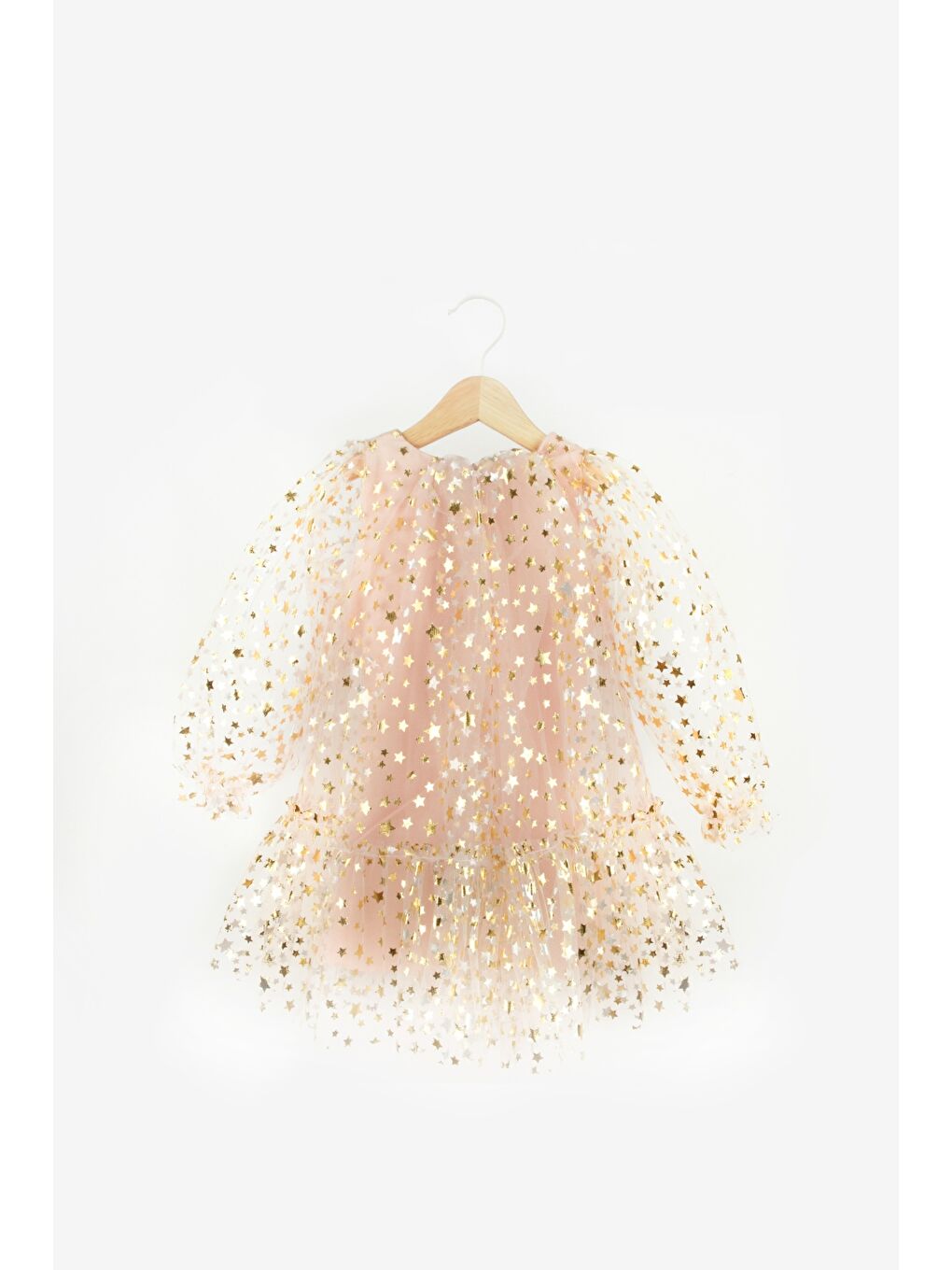 Pembe Pudra Balon Kollu Yıldız Baskılı Kız Çocuk Elbise - Daria-4