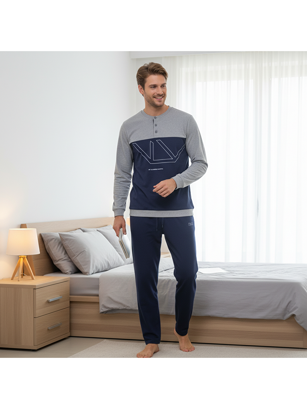 Erkek Pamuklu Bohçalık Ve Çeyizlik Gri - Lacivert Renk Pijama Takımı Al008 V2-1