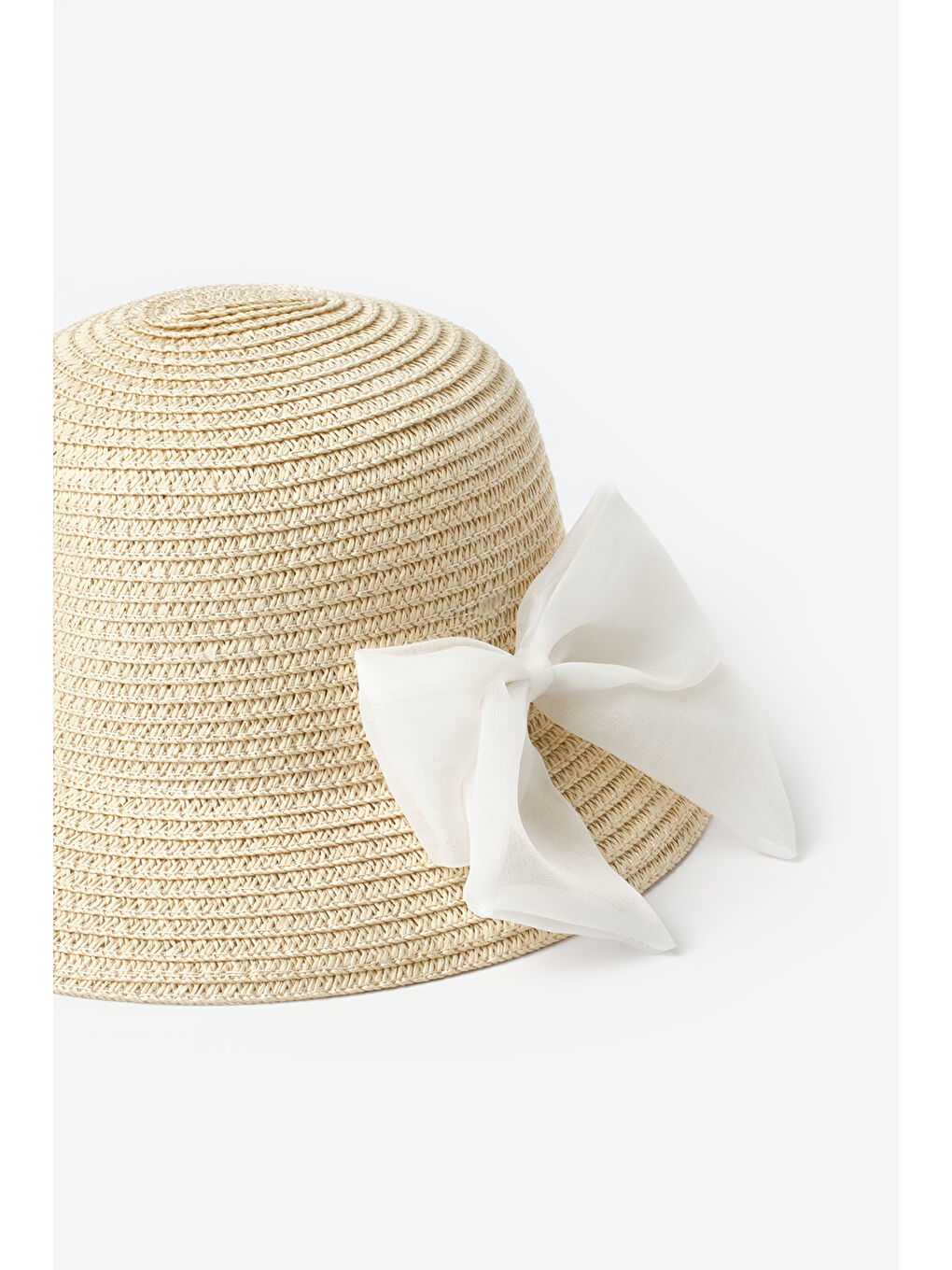 Beyaz Fiyonk Detaylı Kız Çocuk Hasır Bucket Şapka-1