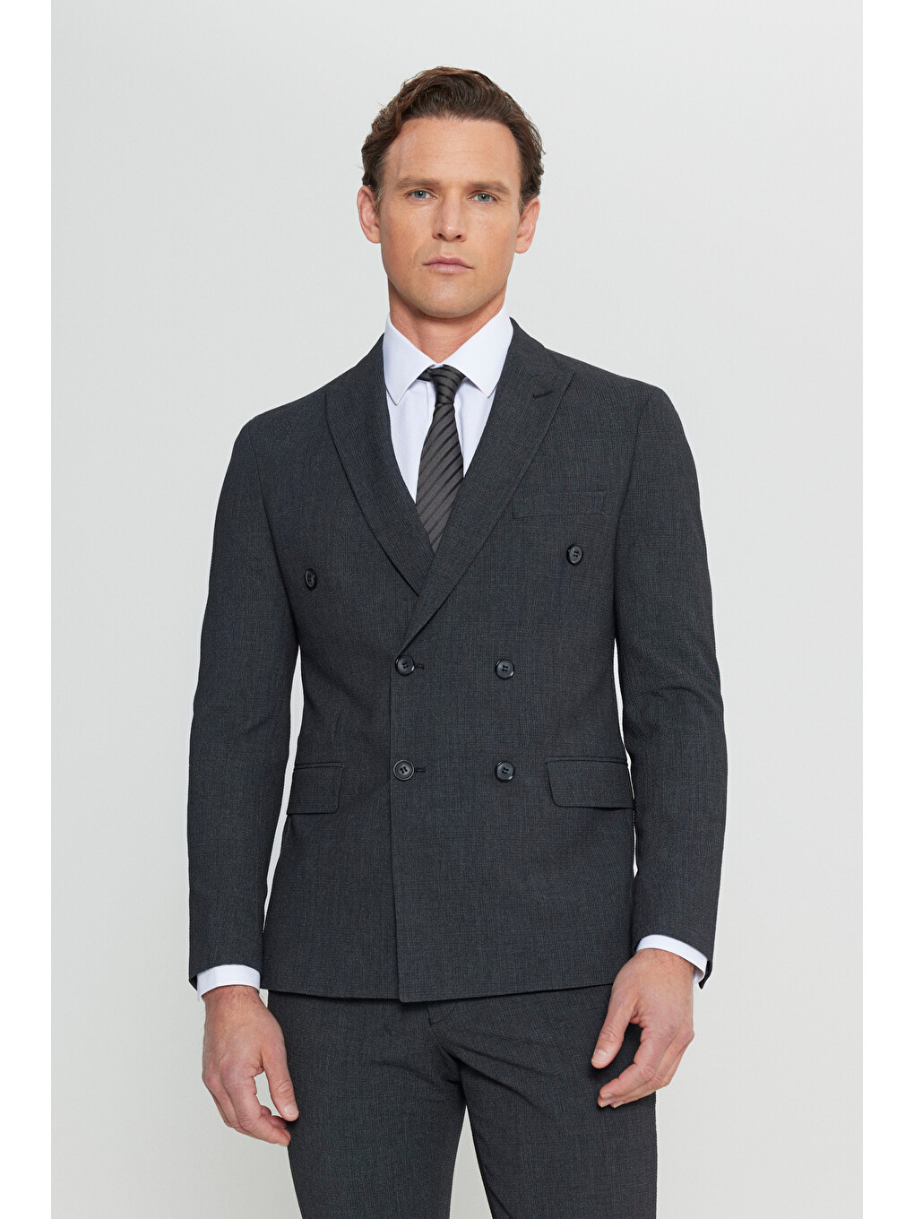 Erkek Antrasit Slim Fit Dar Kesim Kırlangıç Yaka Desenli Kapak Cepli Esnek Kruvaze Takım Elbise
