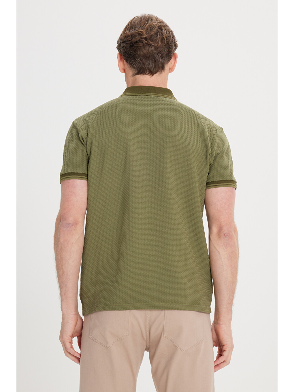 Erkek Haki Slim Fit Dar Kesim %100 Pamuk Polo Yaka Armürlü Tişört-5