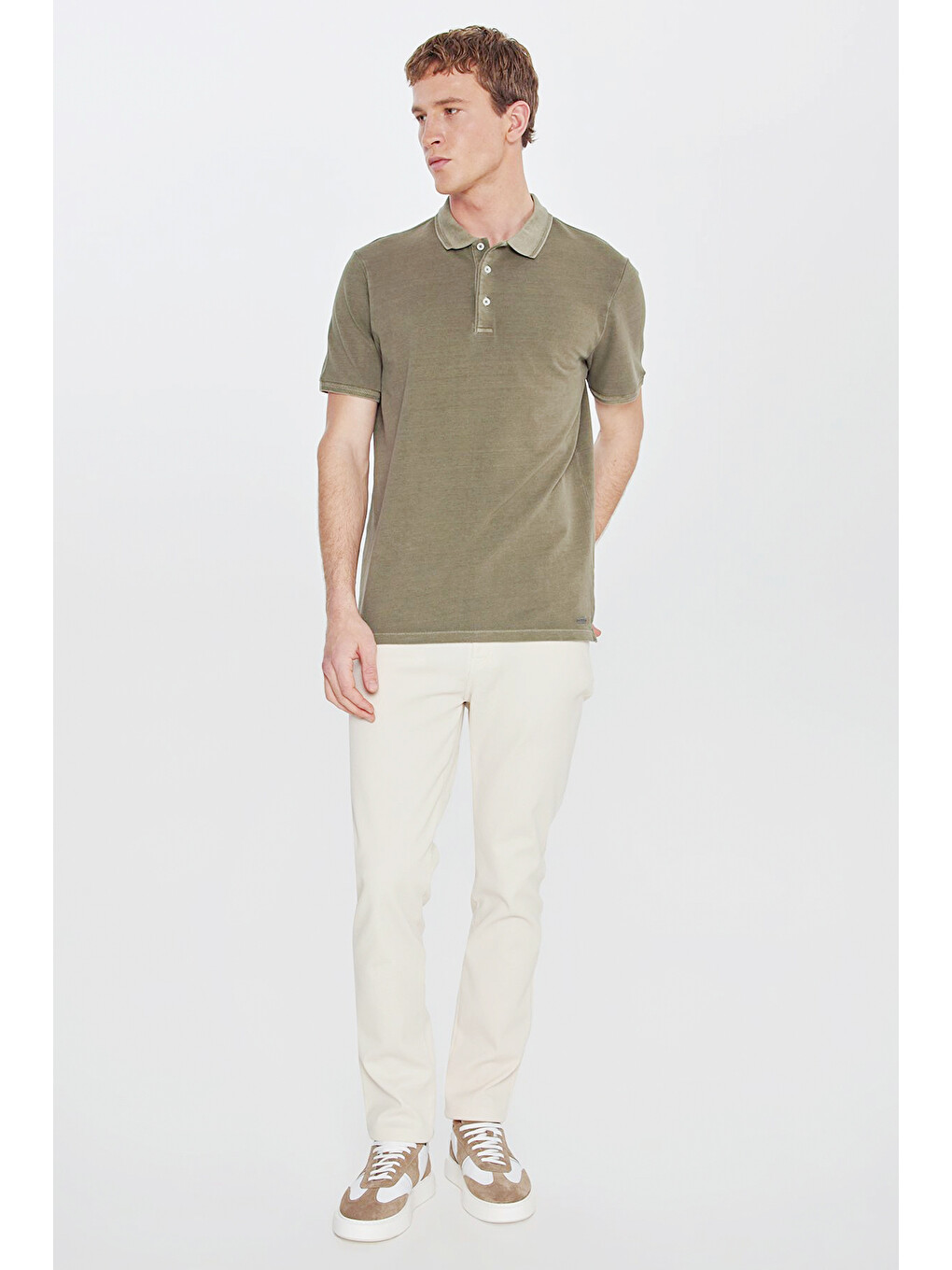 Erkek Haki %100 Pamuk Standart Fit Normal Kesim Polo Yaka Tişört-1
