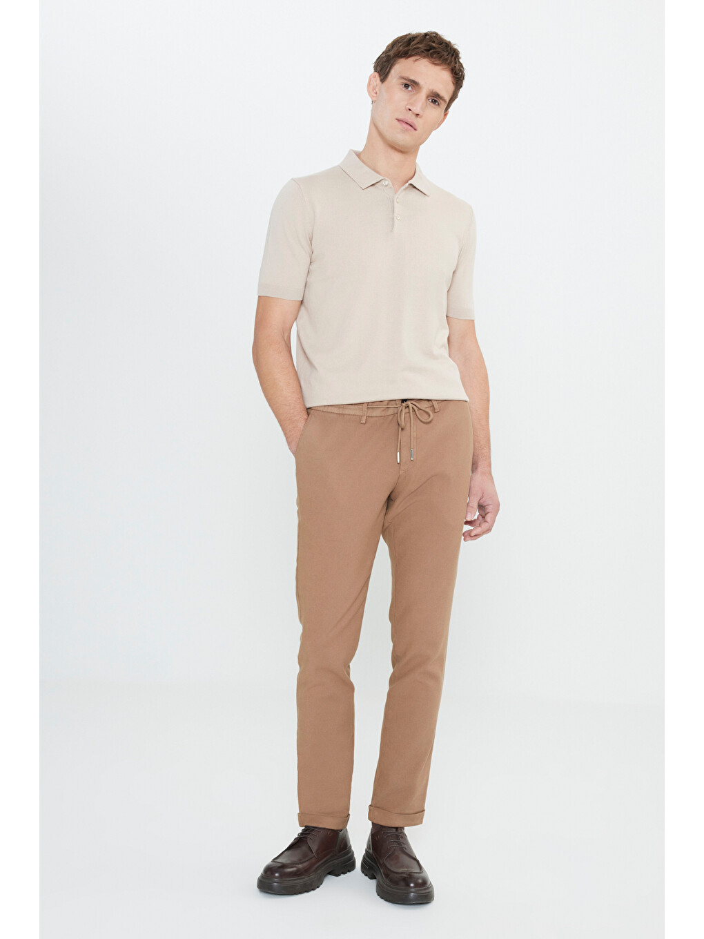 Bej Erkek Vizon Slim Fit Dar Kesim Beli Bağlamalı Esnek Pantolon-1