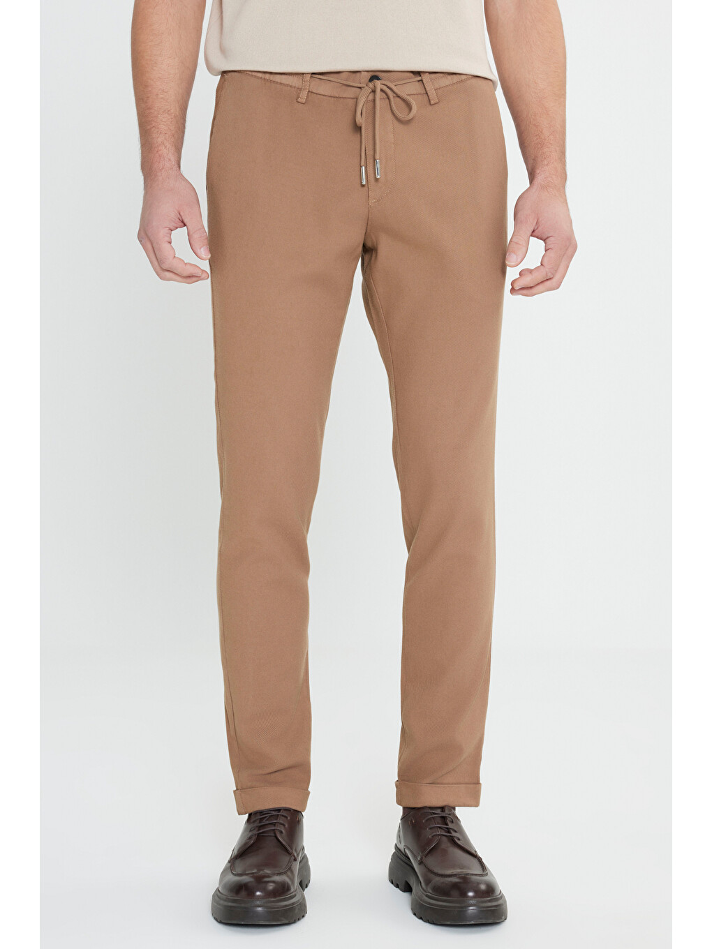 Bej Erkek Vizon Slim Fit Dar Kesim Beli Bağlamalı Esnek Pantolon-2