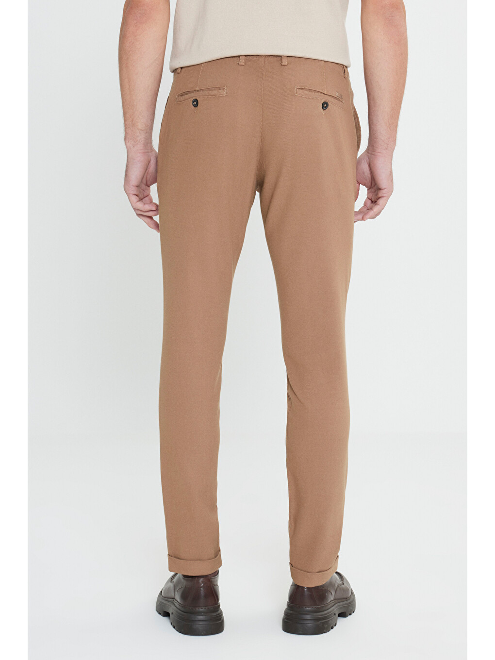 Bej Erkek Vizon Slim Fit Dar Kesim Beli Bağlamalı Esnek Pantolon-4