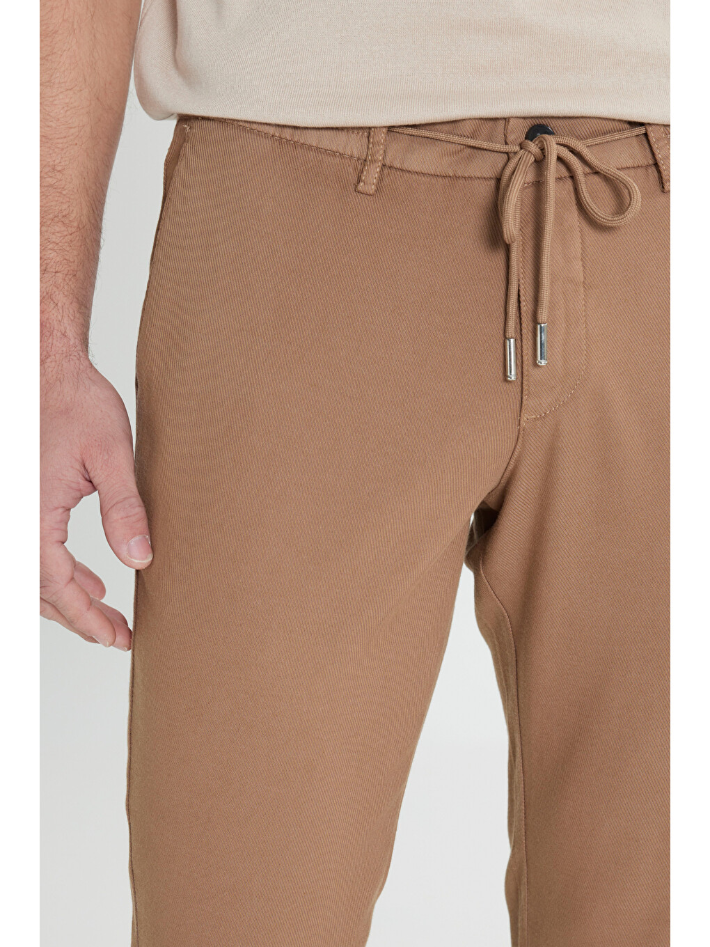 Bej Erkek Vizon Slim Fit Dar Kesim Beli Bağlamalı Esnek Pantolon-5