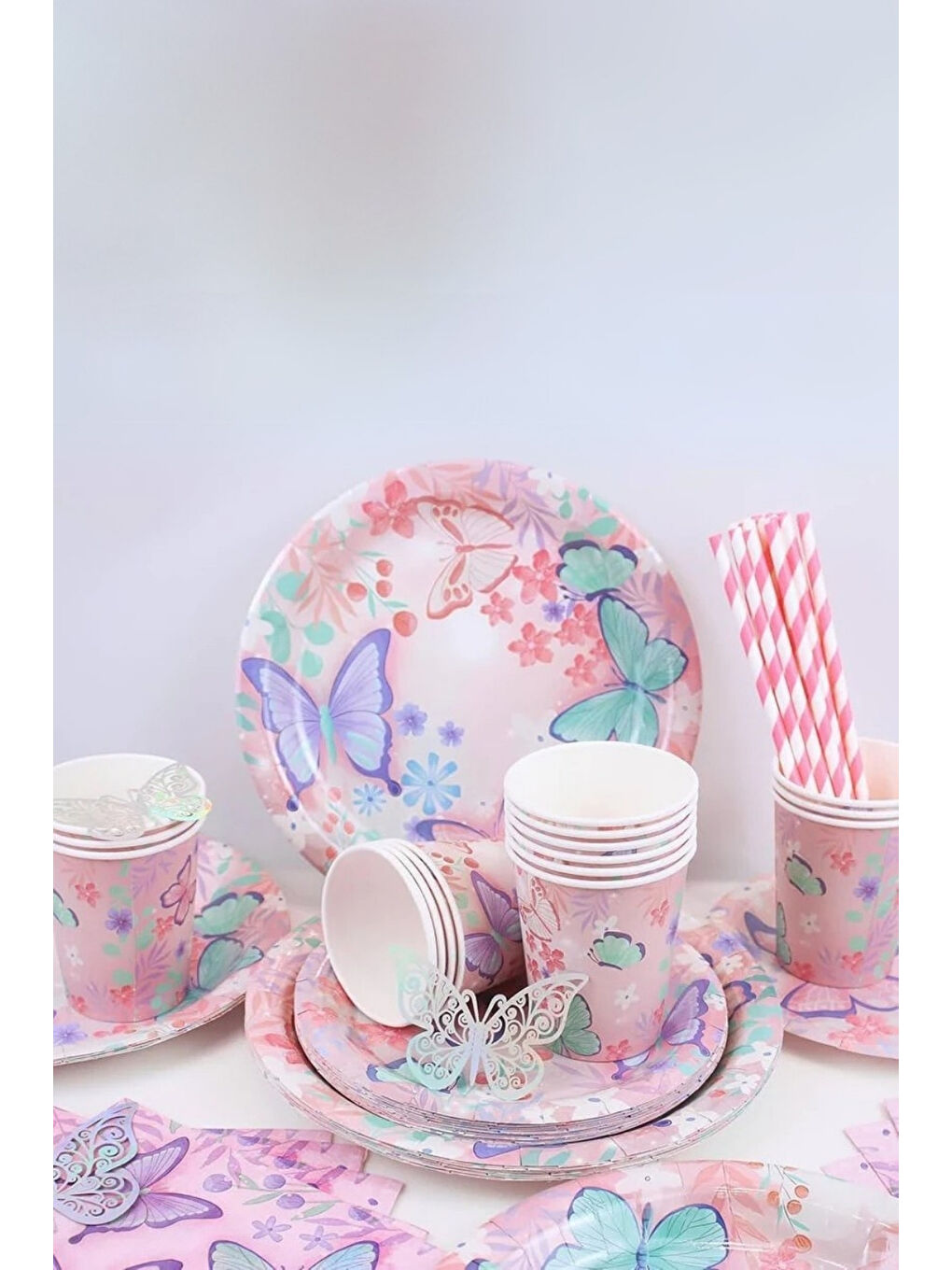 Pembe Kelebek Desenli 8'li Tabak Bardak Set-2