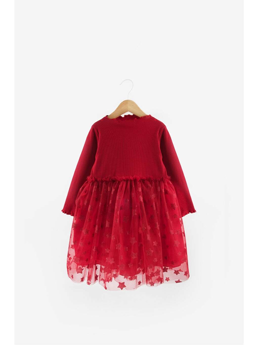 Kırmızı Yıldız Baskılı Tül Etekli Kız Çocuk Elbise - Karen-5