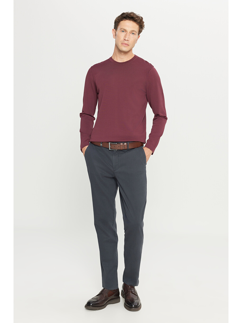 Erkek Bordo Standart Fit Normal Kesim Bisiklet Yaka Triko Basic Kazak-1