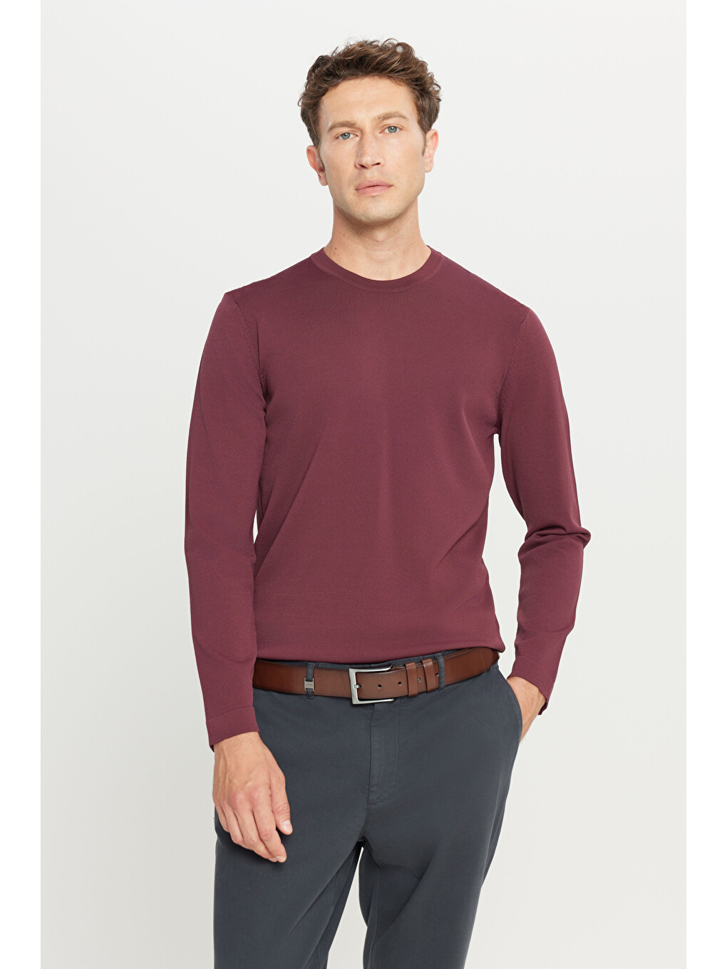 Erkek Bordo Standart Fit Normal Kesim Bisiklet Yaka Triko Basic Kazak-2