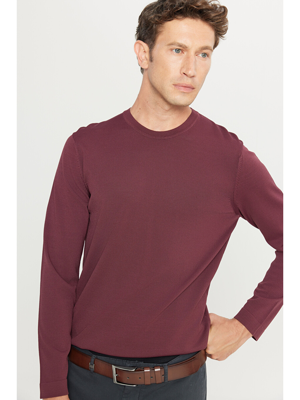 Erkek Bordo Standart Fit Normal Kesim Bisiklet Yaka Triko Basic Kazak-3