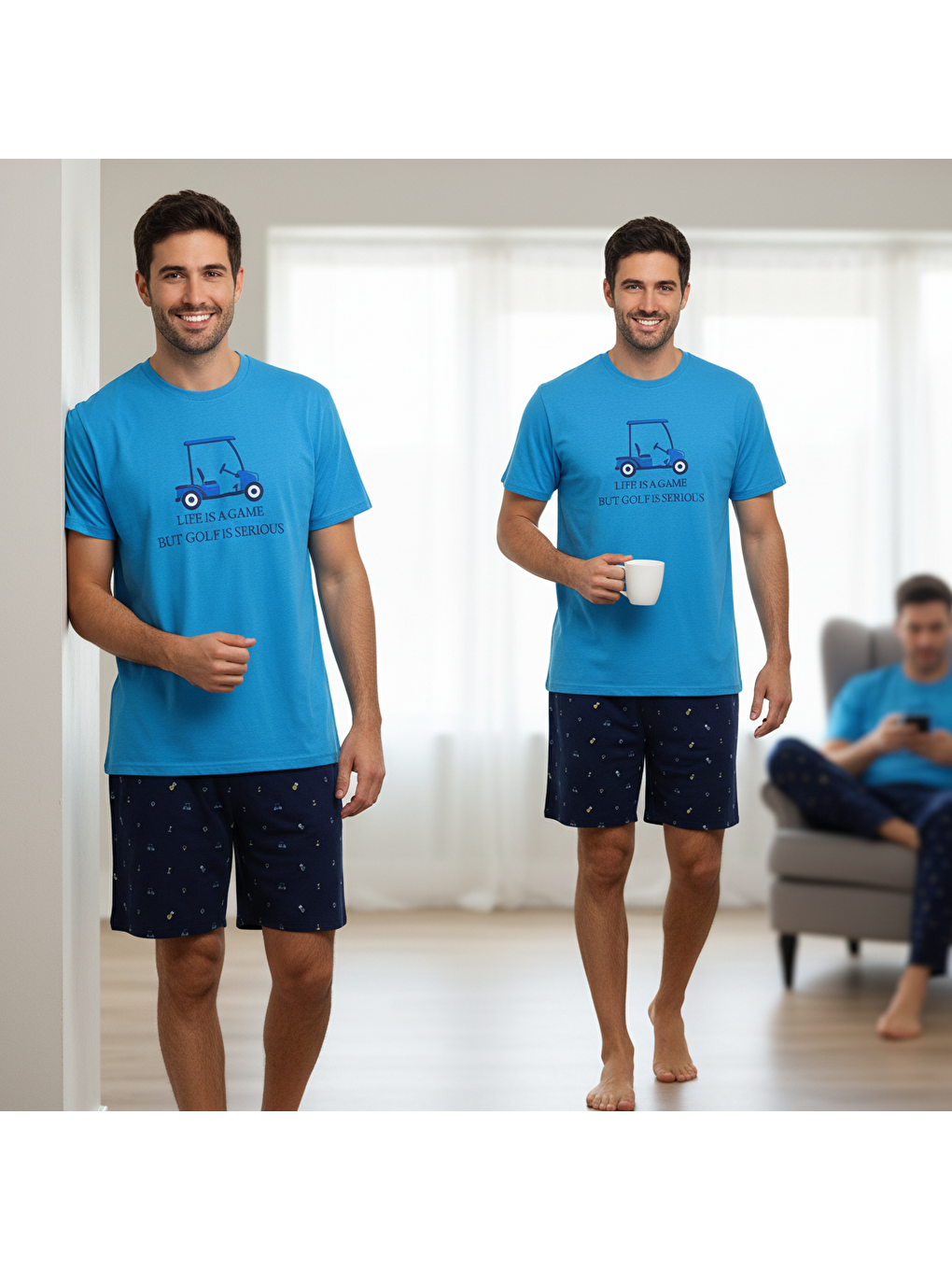 Mavi Erkek Kısa Kollu Pamuklu Şortlu Pijama Takım Bb2468-8