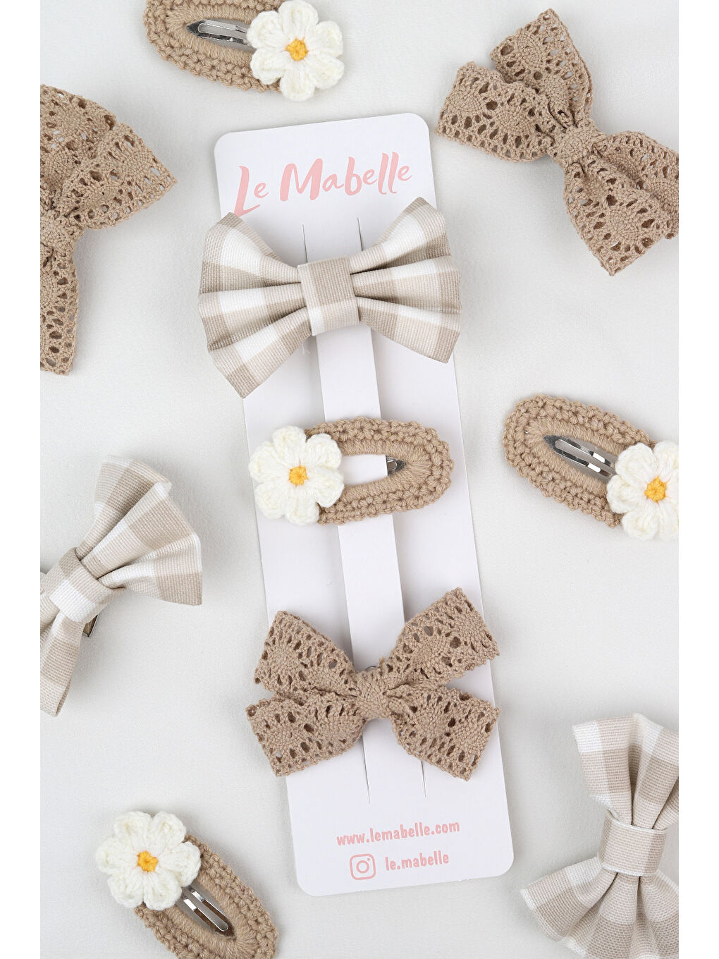 Bej Vizon Örgü Çiçek 3'lü Toka Set-1