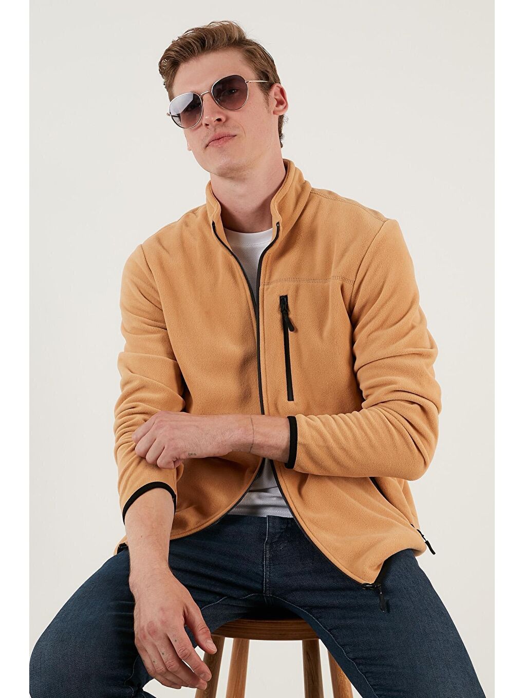 Kahverengi Cepli Dik Yaka Polar Erkek Fermuarlı Sweatshirt Hırka 5906028