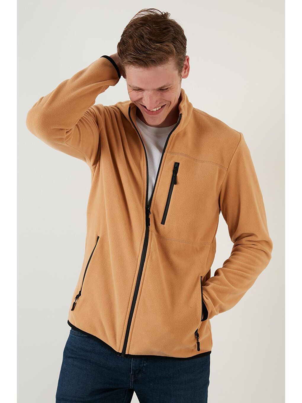 Kahverengi Cepli Dik Yaka Polar Erkek Fermuarlı Sweatshirt Hırka 5906028-1