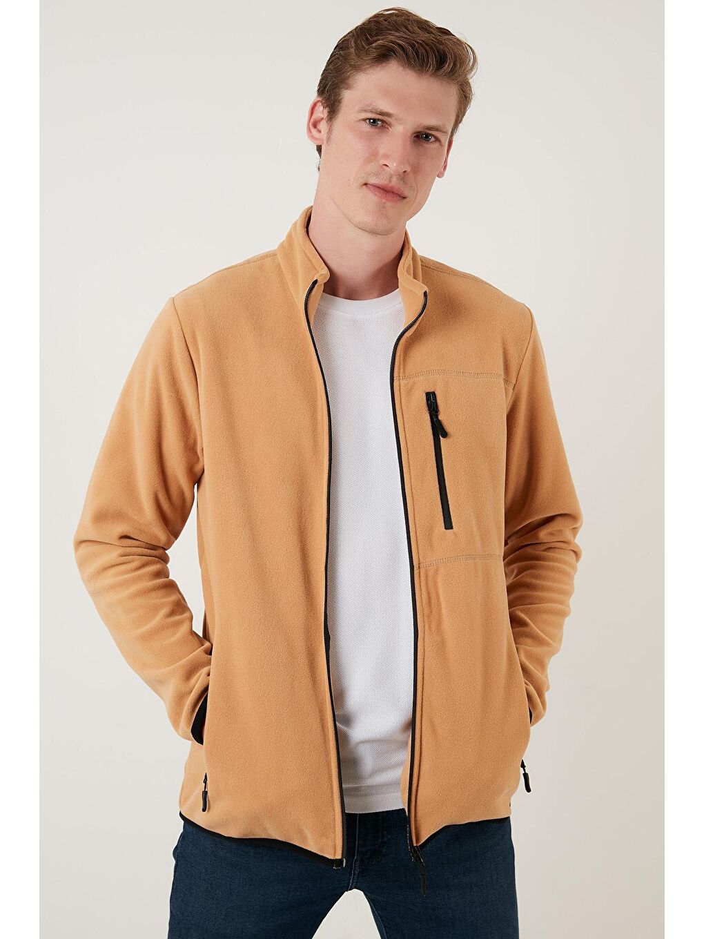 Kahverengi Cepli Dik Yaka Polar Erkek Fermuarlı Sweatshirt Hırka 5906028-2