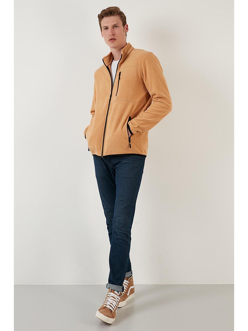 Kahverengi Cepli Dik Yaka Polar Erkek Fermuarlı Sweatshirt Hırka 5906028-3