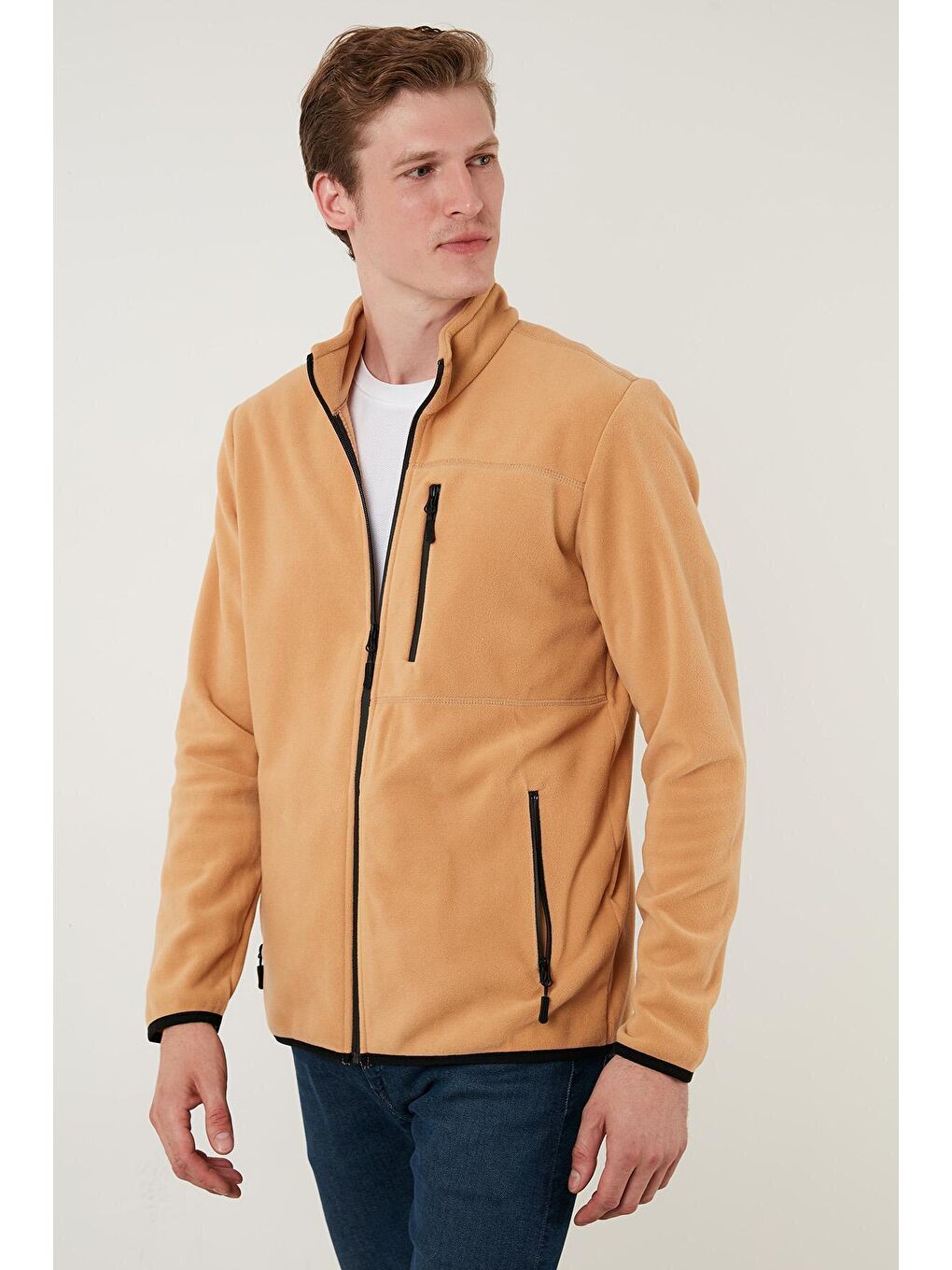 Kahverengi Cepli Dik Yaka Polar Erkek Fermuarlı Sweatshirt Hırka 5906028-4
