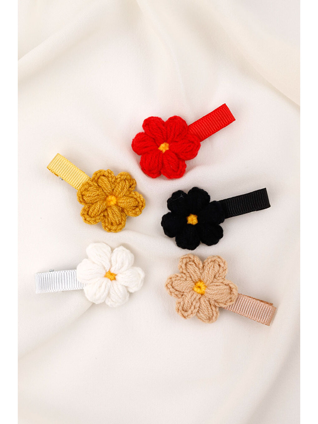 Karışık Çok Renkli Toprak Örgü Papatya 5'li Kız Çocuk Klips Toka Set-1