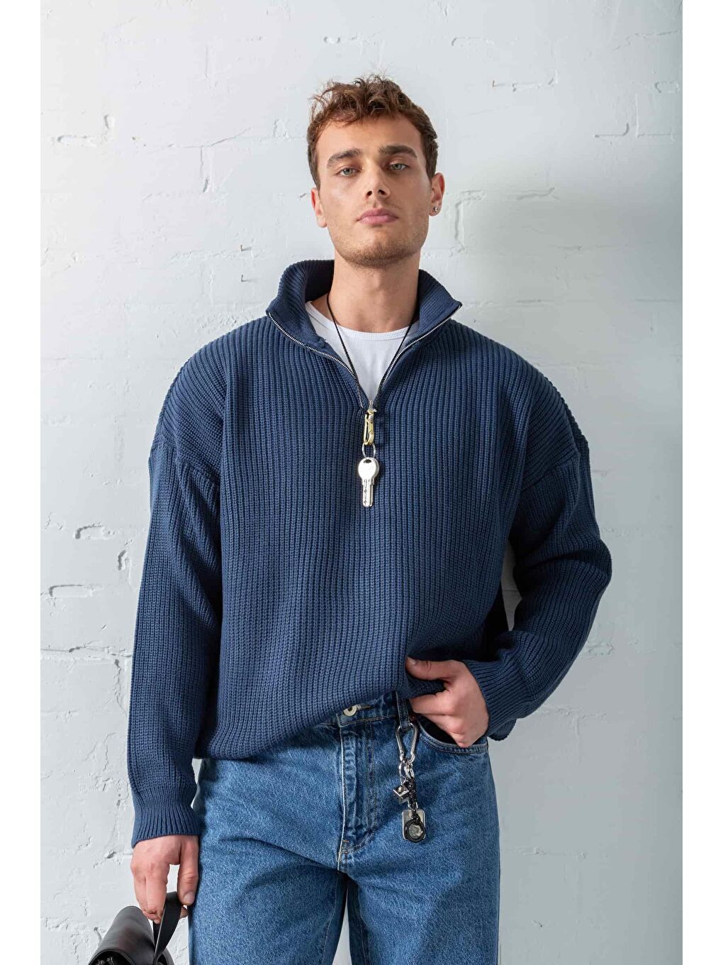 Erkek Oversize Yarım Fermuarlı Kazak Lacivert