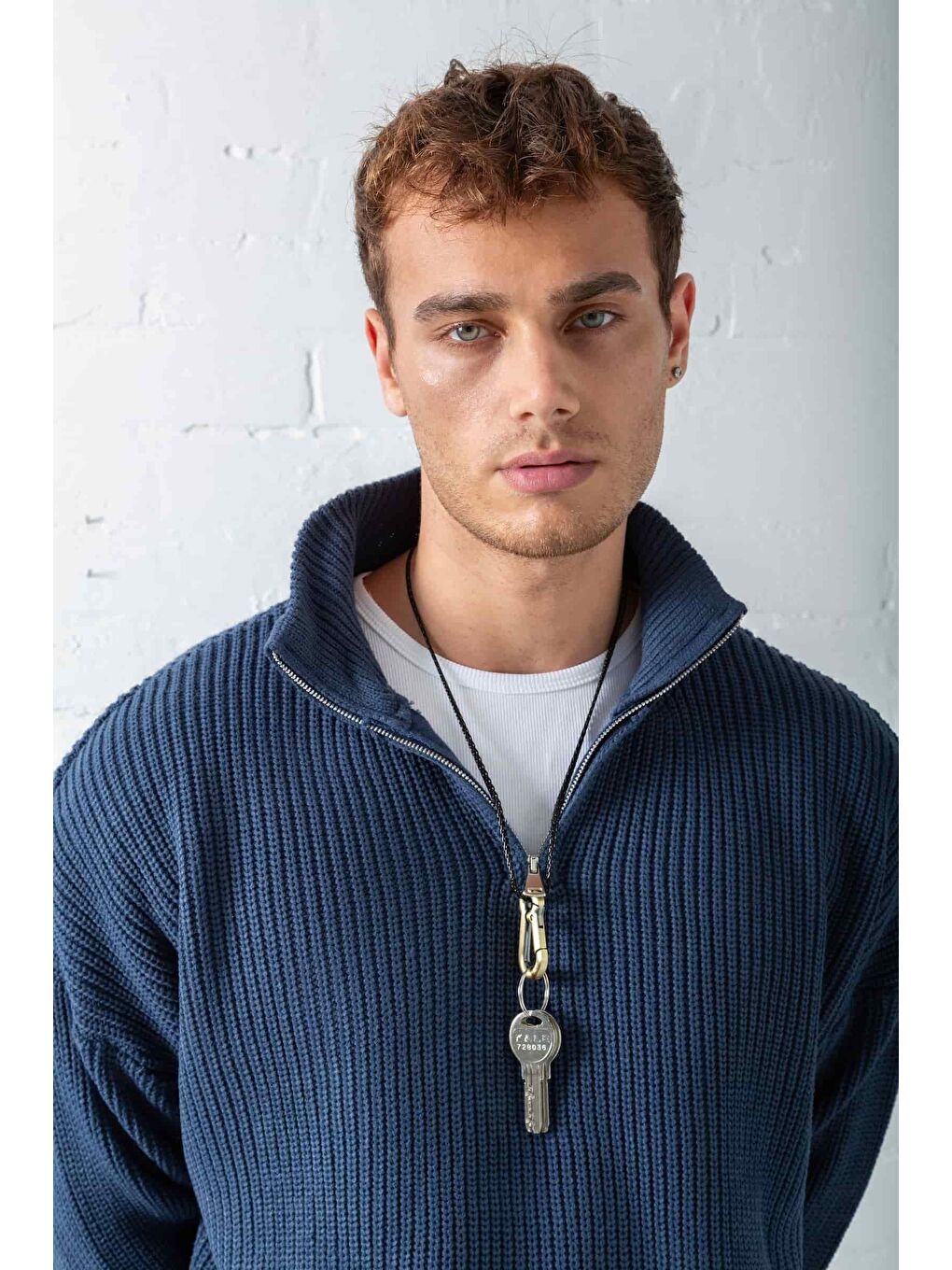 Erkek Oversize Yarım Fermuarlı Kazak Lacivert-2