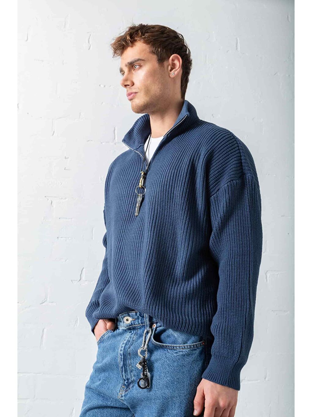 Erkek Oversize Yarım Fermuarlı Kazak Lacivert-3