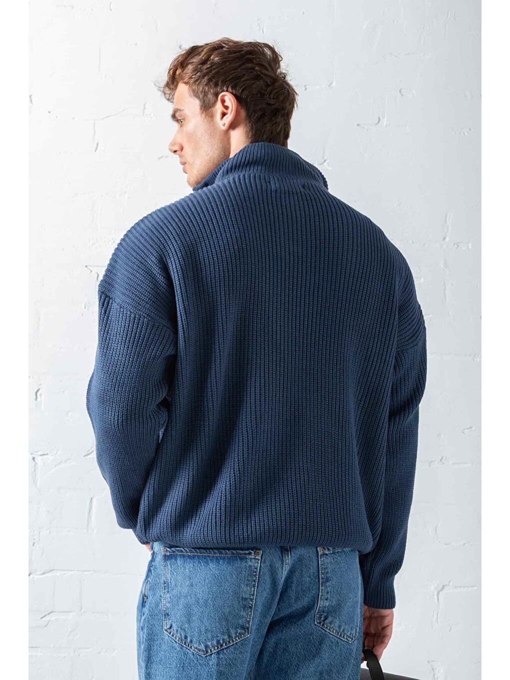 Erkek Oversize Yarım Fermuarlı Kazak Lacivert-5