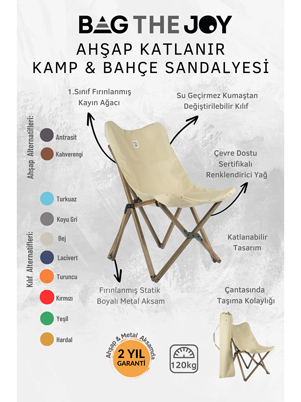 Bag The Joy Bej Ahşap Katlanır Antrasit - Bej Masa Sandalye Seti 60*60*55cm - 8