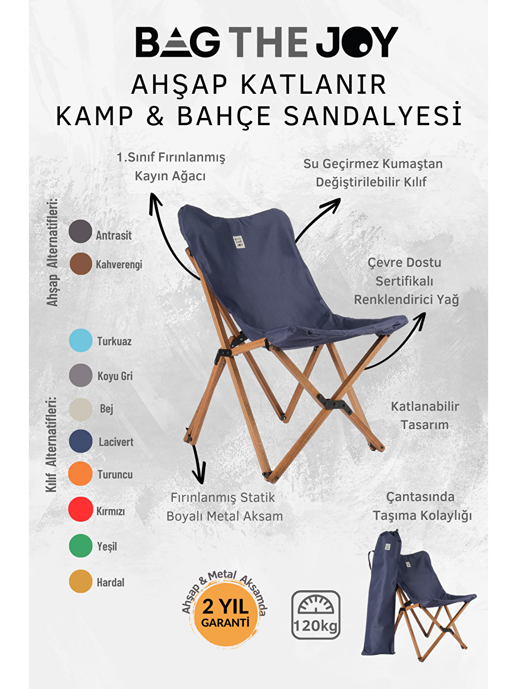 Bag The Joy Lacivert Ahşap Katlanır Kahverengi – Lacivert  Masa Sandalye Seti 70*70*55cm - 11