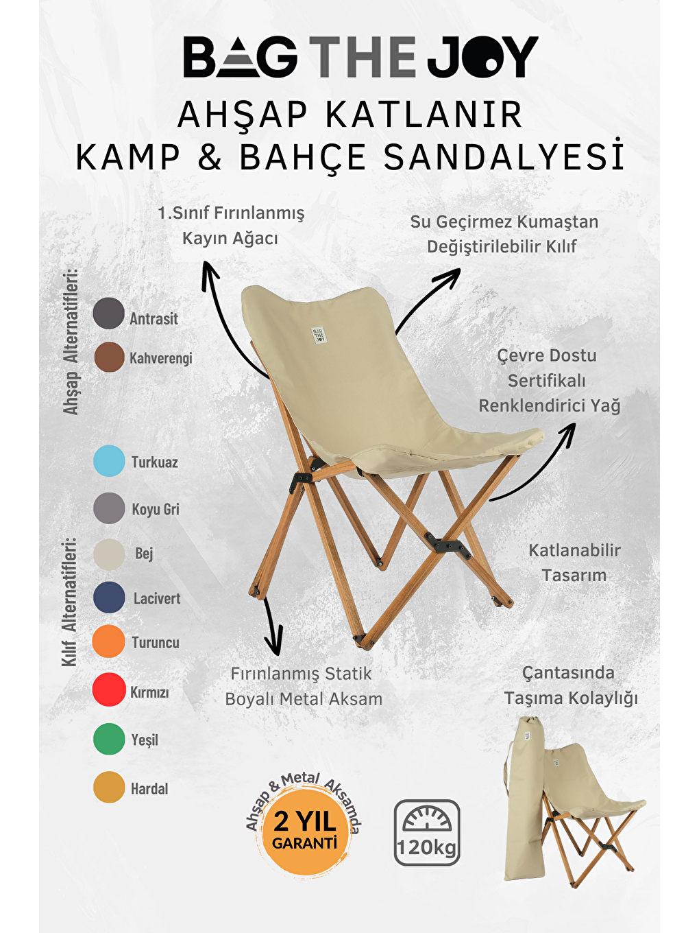 Bag The Joy Bej Ahşap Katlanır Kahverengi – Bej Masa Sandalye Seti 60*60*55cm - 6