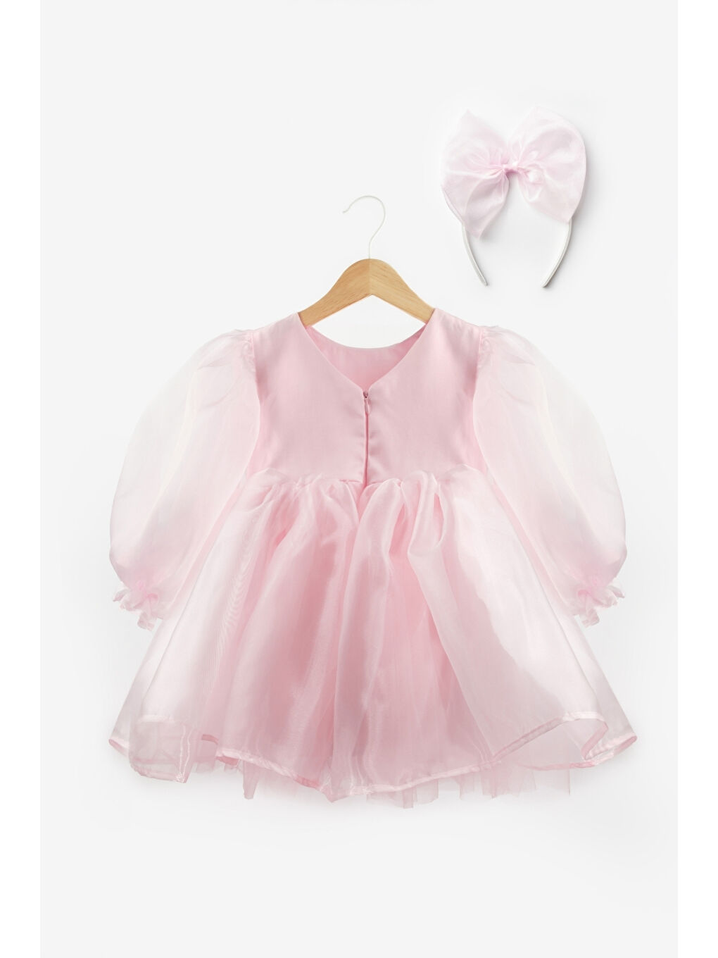 Pembe Uzun Kollu Organze Kız Çocuk Parti Elbisesi - Sage-1