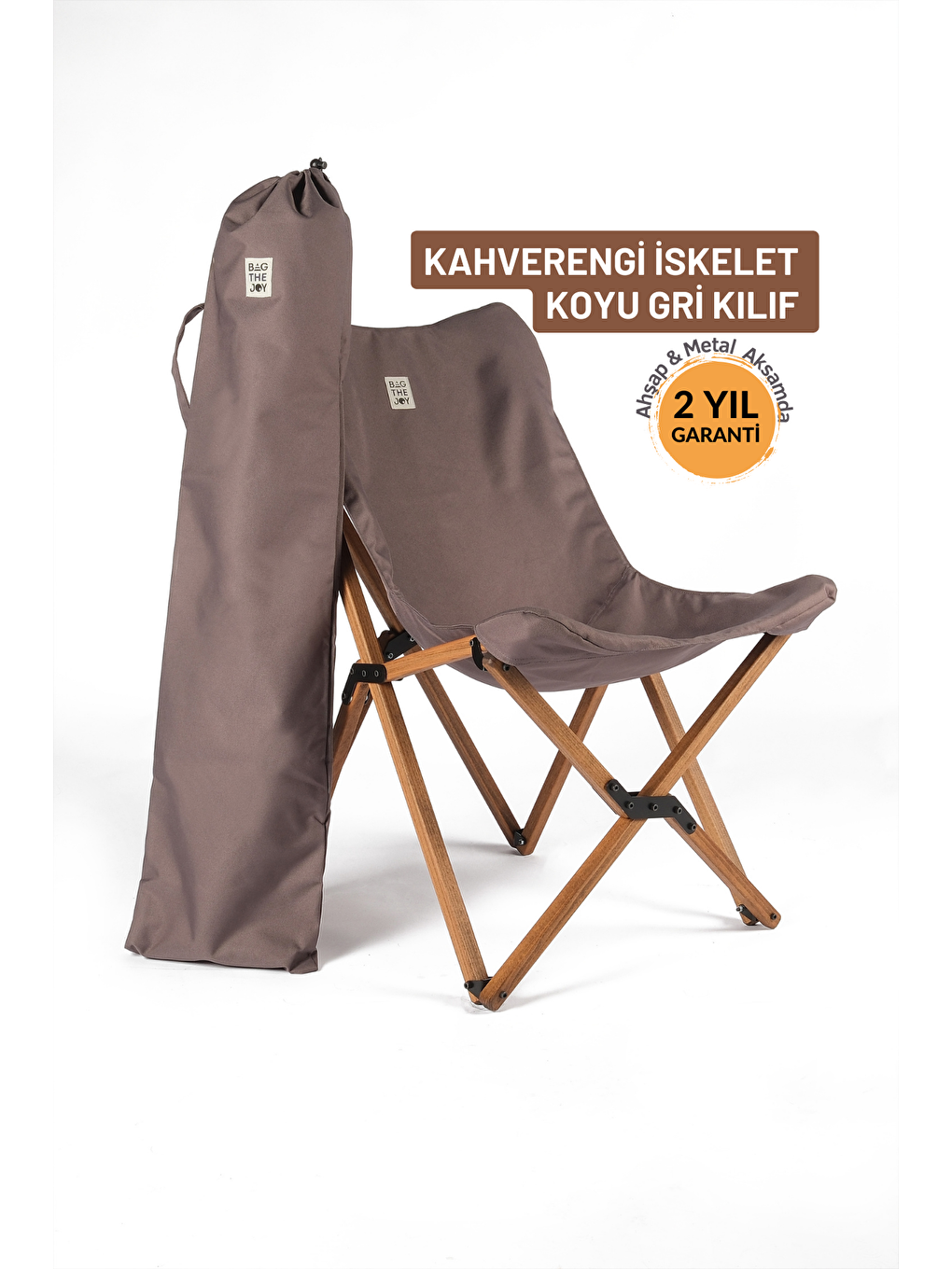 Bag The Joy Gri Kahverengi İskelet –Koyu Gri Kılıf Ahşap Katlanır Kamp & Bahçe Sandalyesi