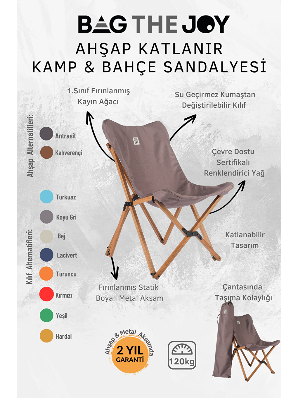 Bag The Joy Gri Kahverengi İskelet –Koyu Gri Kılıf Ahşap Katlanır Kamp & Bahçe Sandalyesi - 4