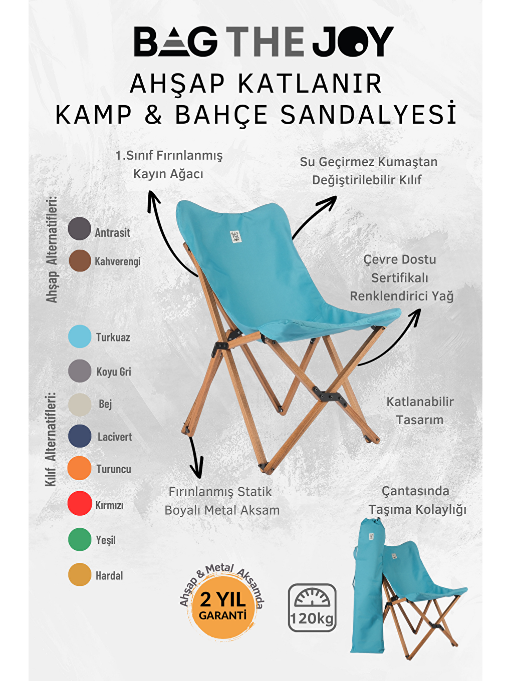 Bag The Joy Turkuaz Kahverengi İskelet – Turkuaz Kılıf Ahşap Katlanır Kamp & Bahçe Sandalyesi - 4