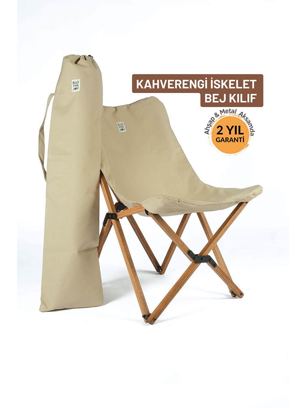 Bag The Joy Bej Kahverengi İskelet –Bej Kılıf Ahşap Katlanır Kamp & Bahçe Sandalyesi