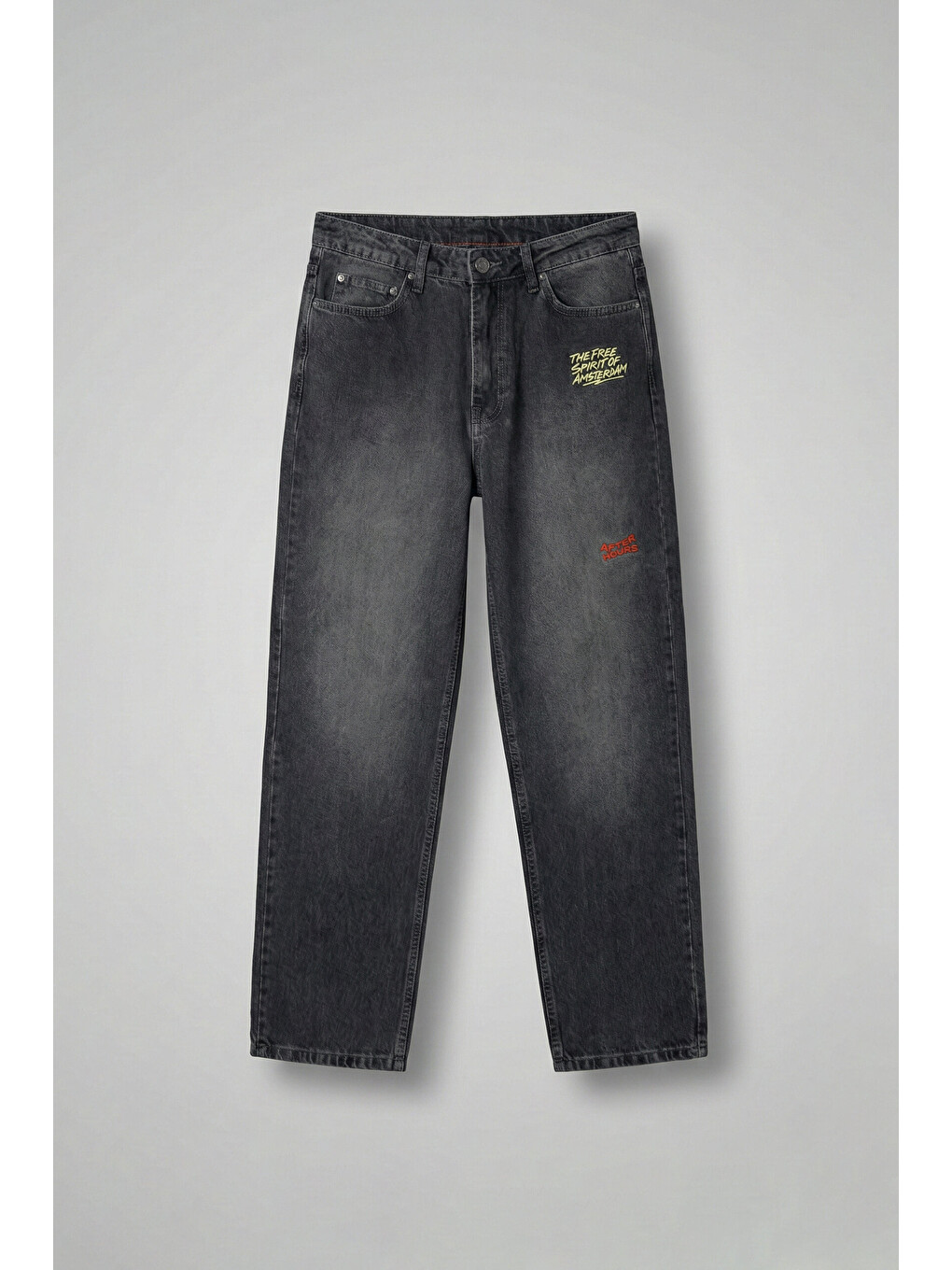 Erkek Baggy Fit Nakışlı Frayed Jean Pantolon Siyah