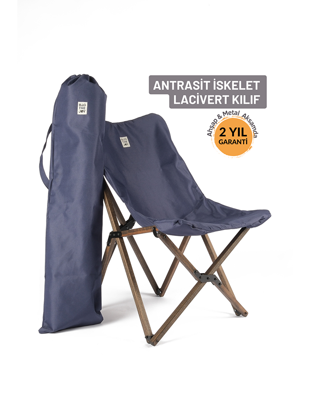 Bag The Joy Lacivert Antrasit İskelet – Lacivert Kılıf Ahşap Katlanır Kamp & Bahçe Sandalyesi