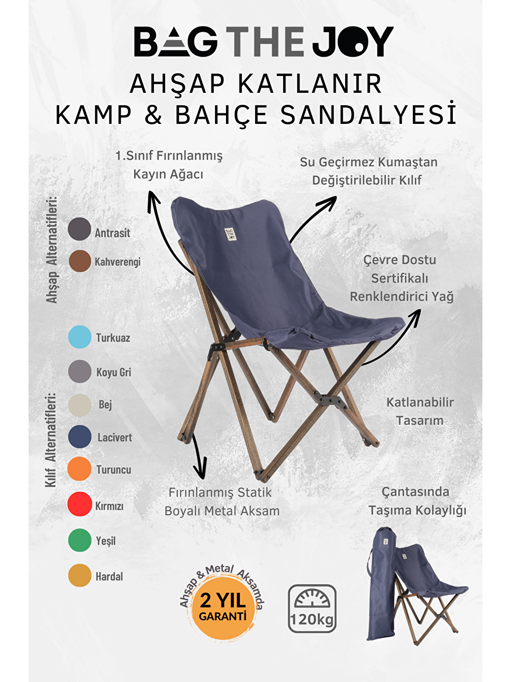 Bag The Joy Lacivert Antrasit İskelet – Lacivert Kılıf Ahşap Katlanır Kamp & Bahçe Sandalyesi - 4