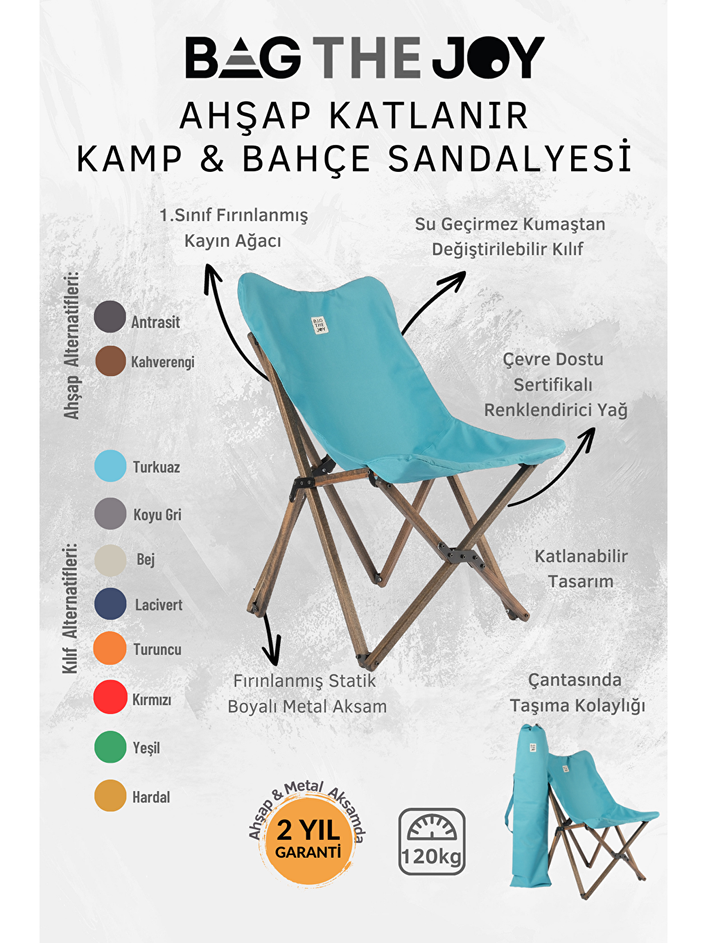 Bag The Joy Turkuaz Antrasit İskelet – Turkuaz Kılıf Ahşap Katlanır Kamp & Bahçe Sandalyesi - 4