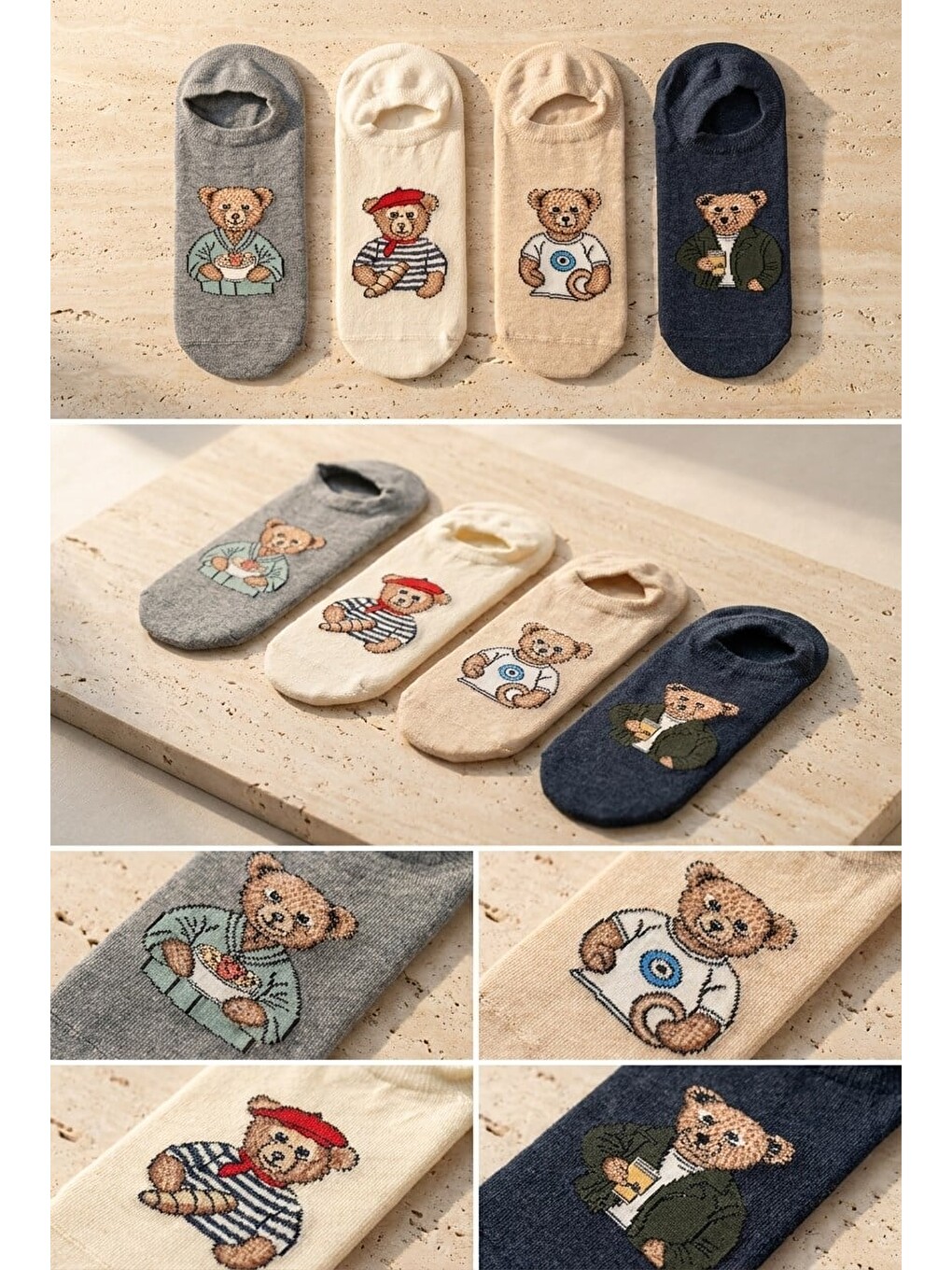 Karışık Unisex 4'lü Teddy Desenli Görünmez Çorap-2