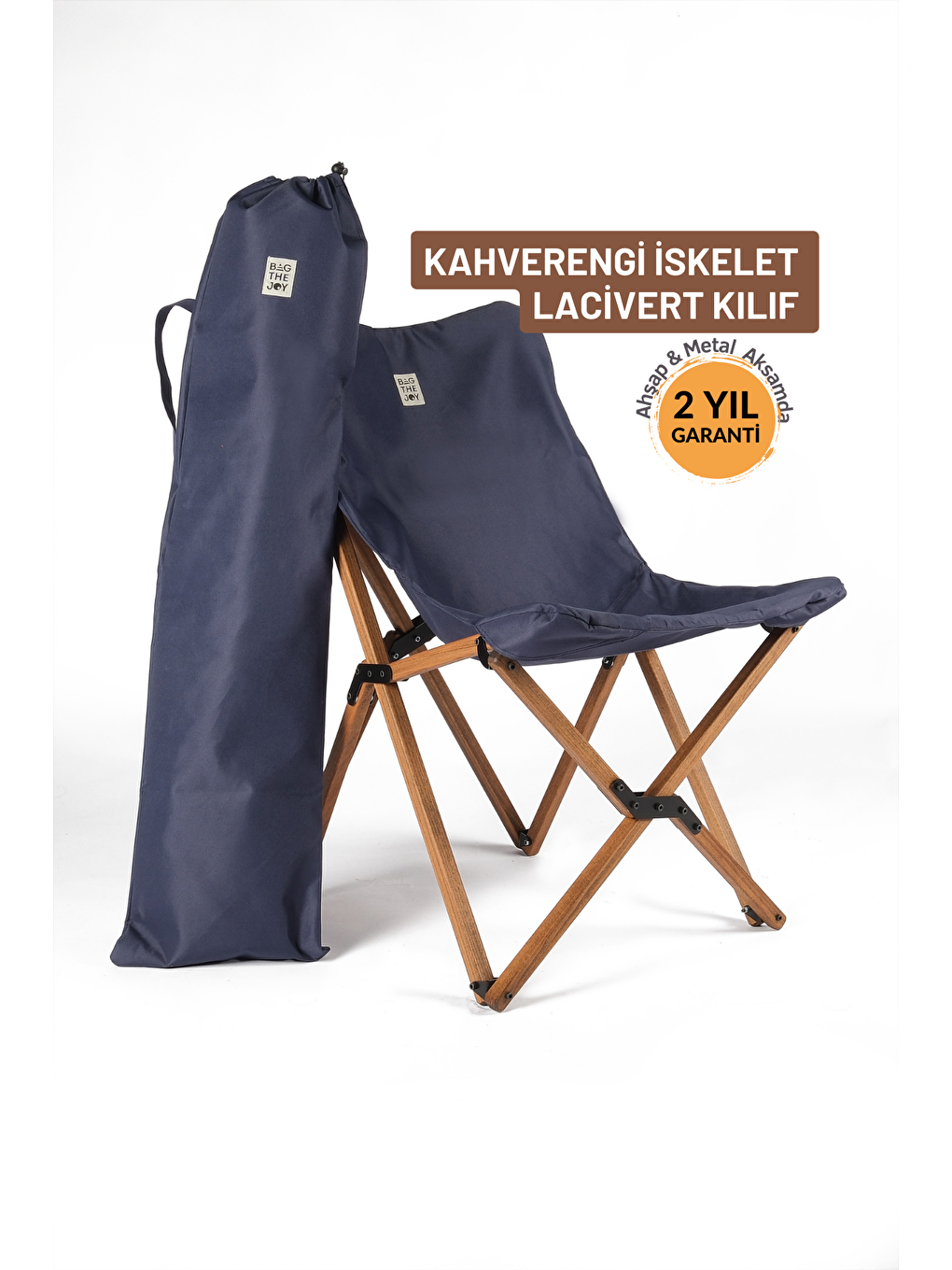 Bag The Joy Lacivert Kahverengi İskelet –Lacivert Kılıf Ahşap Katlanır Kamp & Bahçe Sandalyesi