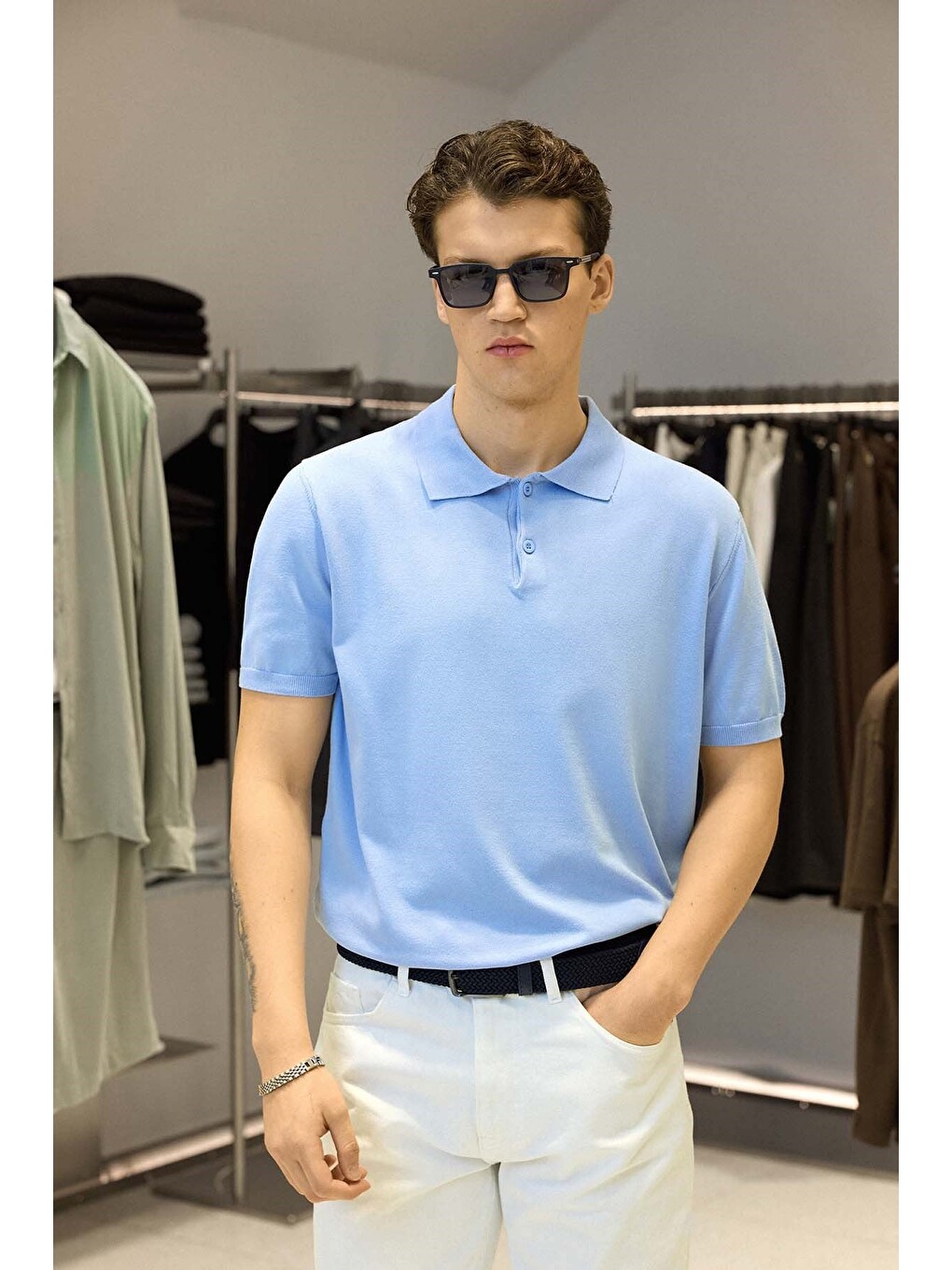 Erkek Regular Fit Örme Kumaş Basic Polo Yaka T-shirt Açık Mavi-2