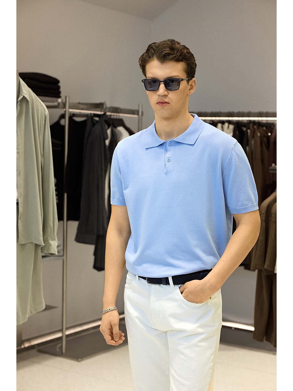 Erkek Regular Fit Örme Kumaş Basic Polo Yaka T-shirt Açık Mavi-4