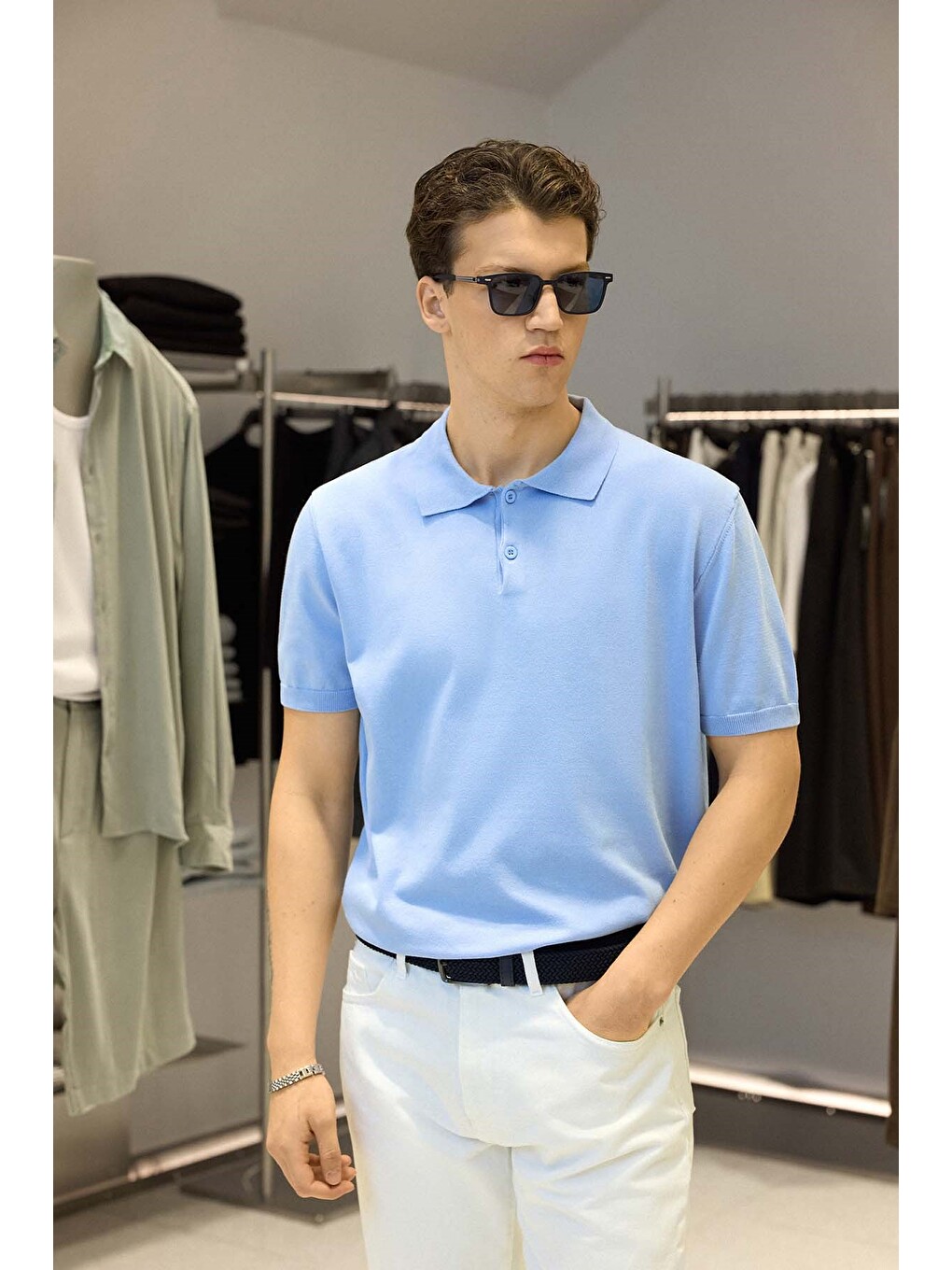Erkek Regular Fit Örme Kumaş Basic Polo Yaka T-shirt Açık Mavi-5