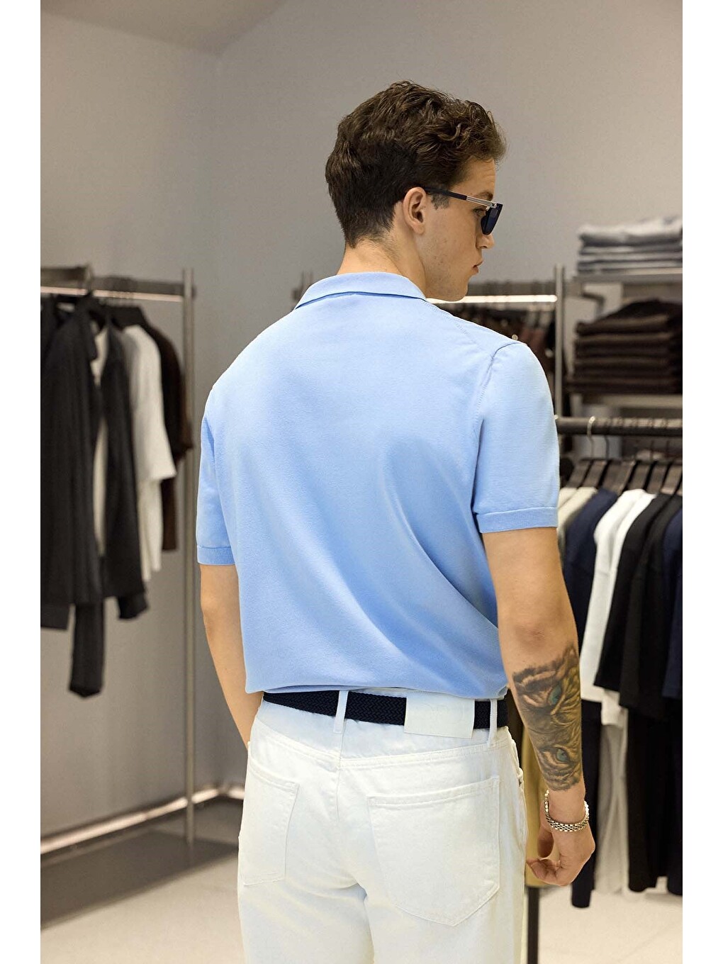 Erkek Regular Fit Örme Kumaş Basic Polo Yaka T-shirt Açık Mavi-6
