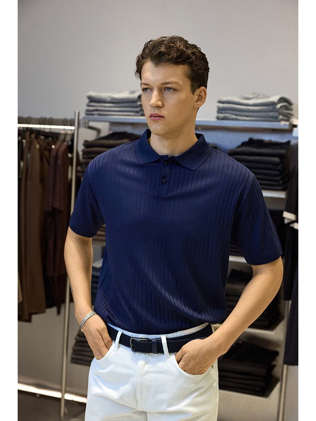 Erkek Relaxed Fit Fitilli Triko Polo Yaka Tişört Lacivert-2