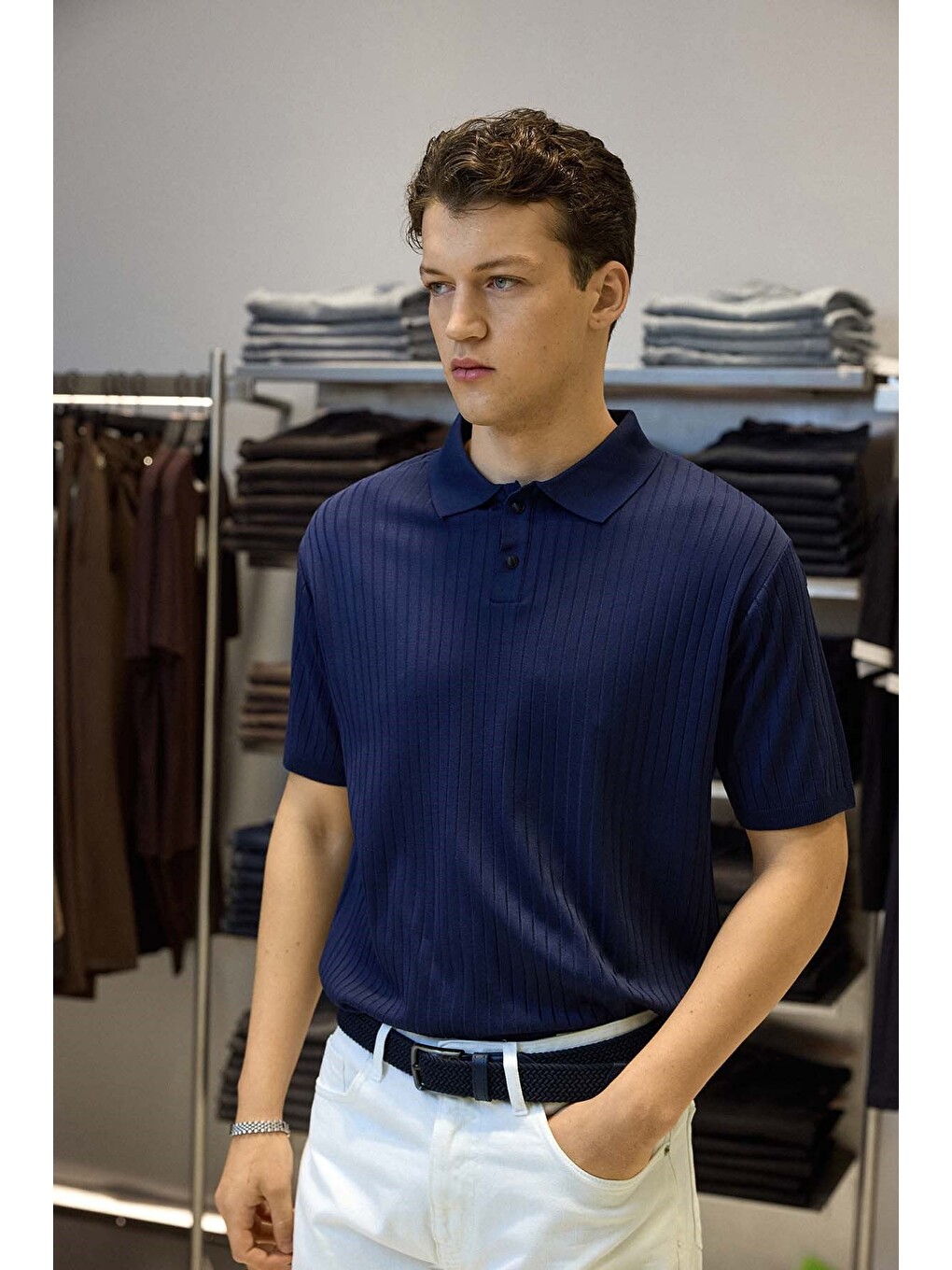 Erkek Relaxed Fit Fitilli Triko Polo Yaka Tişört Lacivert-3