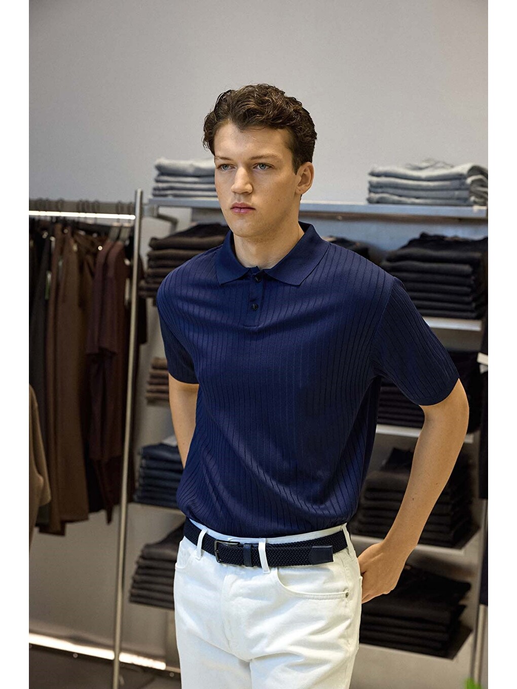 Erkek Relaxed Fit Fitilli Triko Polo Yaka Tişört Lacivert-4