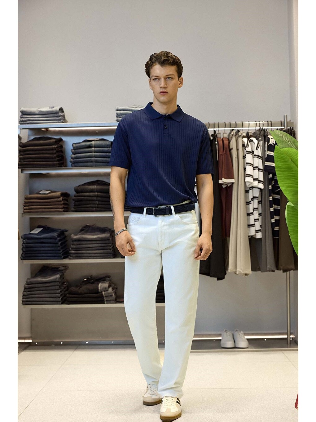 Erkek Relaxed Fit Fitilli Triko Polo Yaka Tişört Lacivert-5