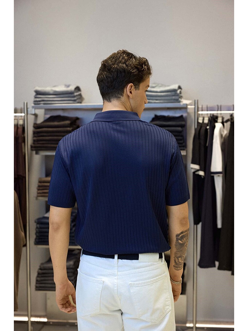 Erkek Relaxed Fit Fitilli Triko Polo Yaka Tişört Lacivert-6
